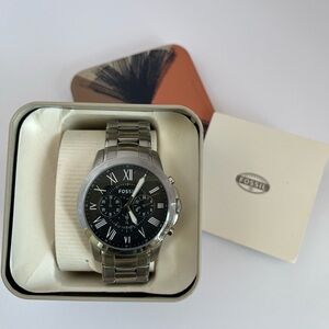 Fossil Black Dial Silver Band Watch